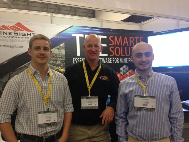 Johannesburg branch manager, Rob Macfarlane, flanked by MineSight specialists Derick Butler (left) and Selcuk Akinci are busy following up leads after a highly successful Mining Indaba.