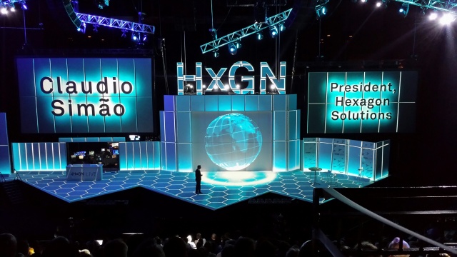 Hexagon Solutions President Cláudio Simão takes the stage at HxGN LIVE's opening night keynote address.